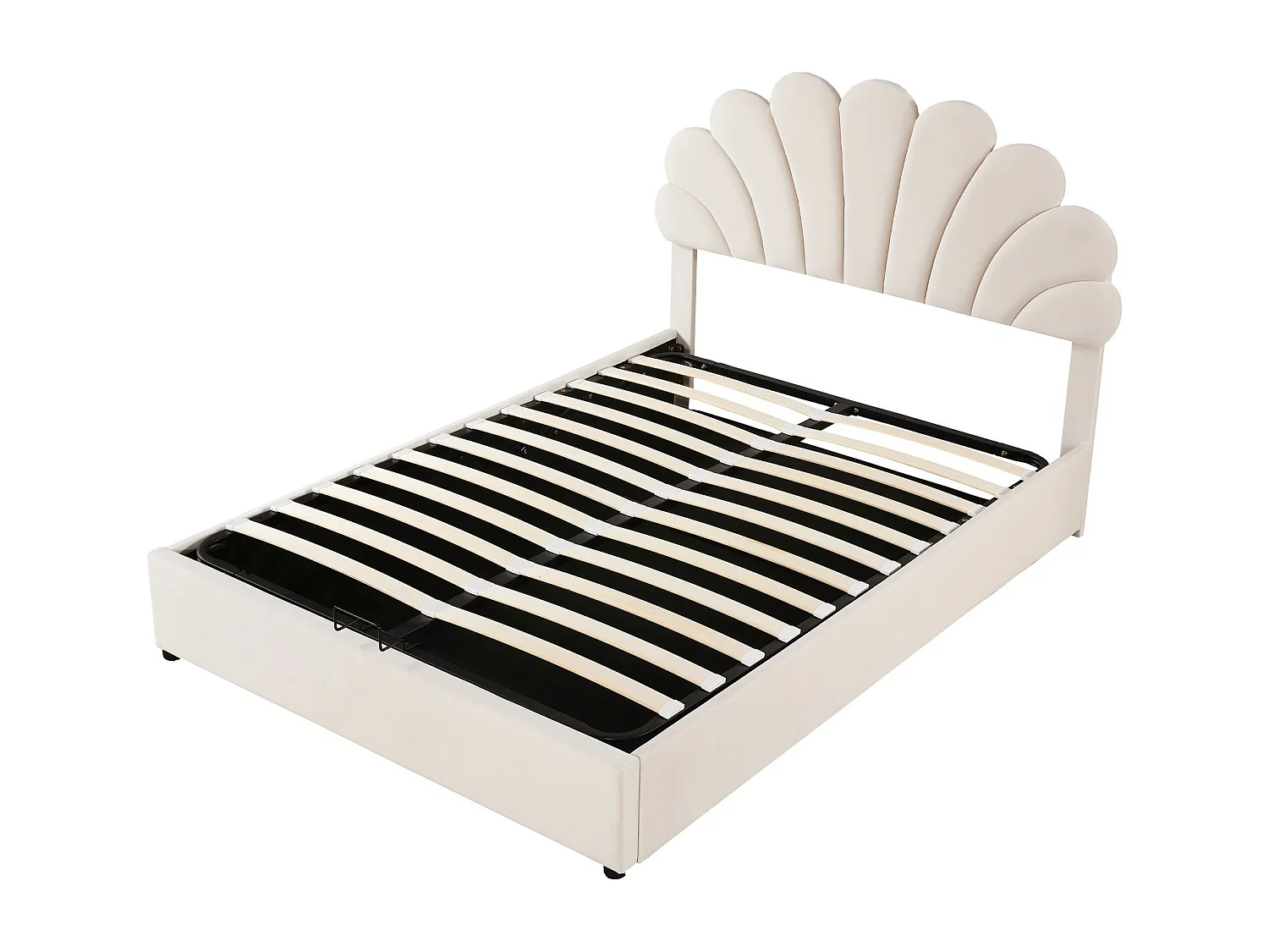 Mit Samt gepolstertes Stauraumbett – 140 x 200 cm – blumenförmiges Kopfteil – mit Lattenrost – Beige