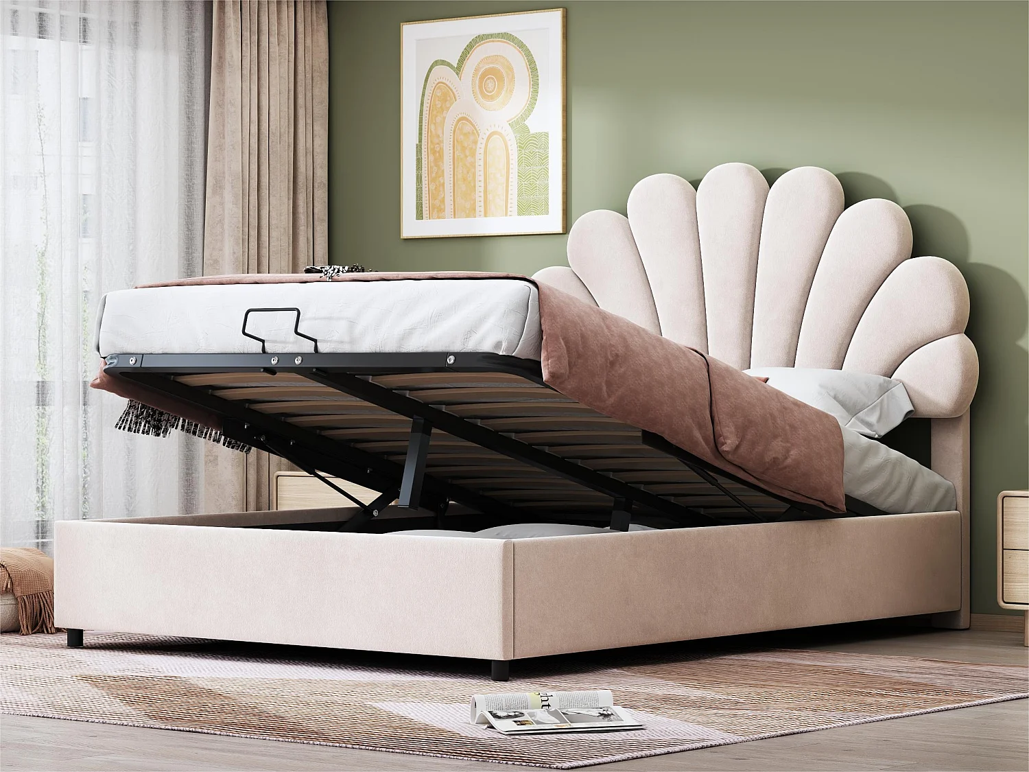 Lit coffre rembourré en velours - 140x200cm - tête de lit en forme de fleur - avec sommier à lattes - Beige