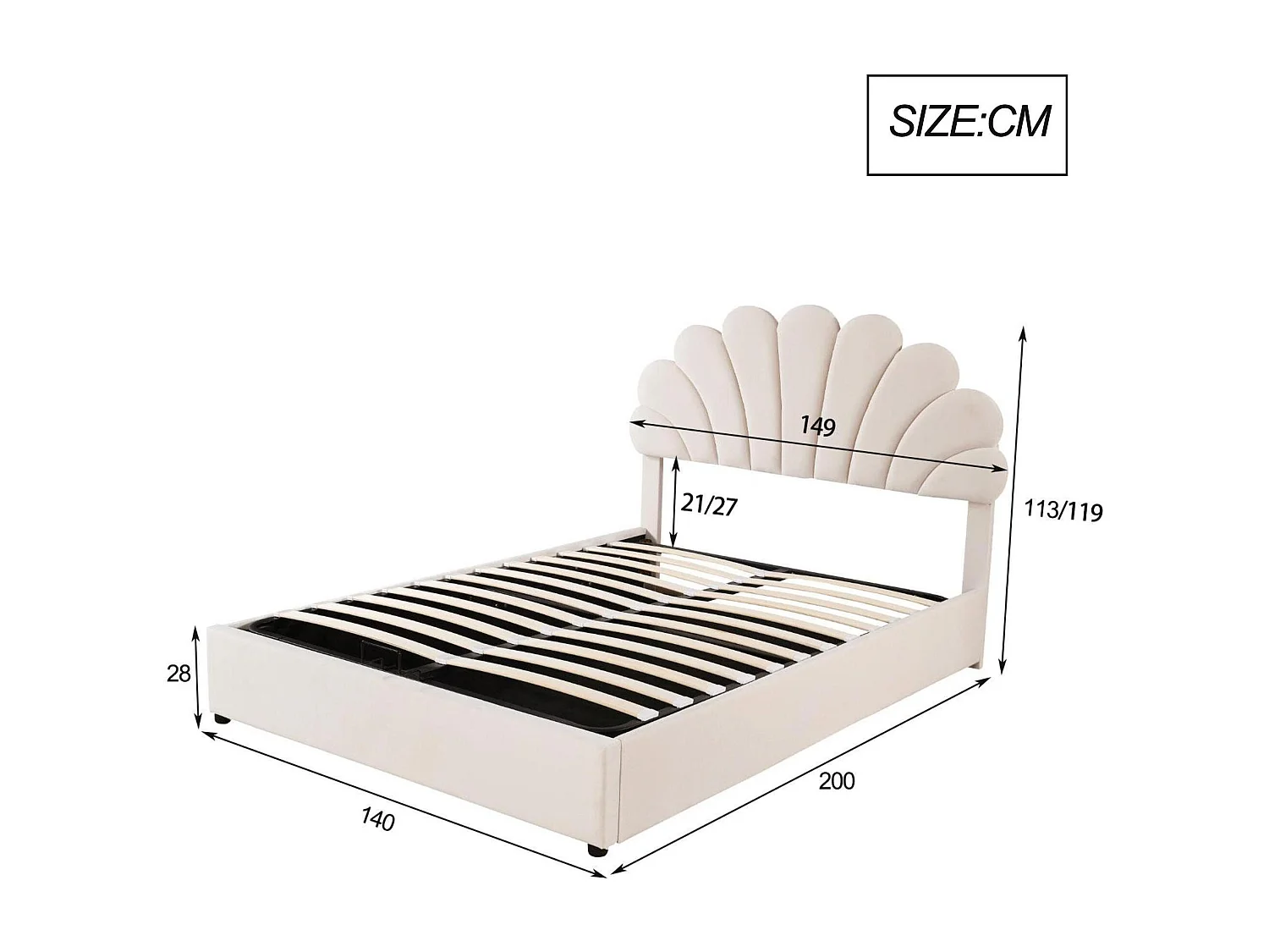 Lit coffre rembourré en velours - 140x200cm - tête de lit en forme de fleur - avec sommier à lattes - Beige