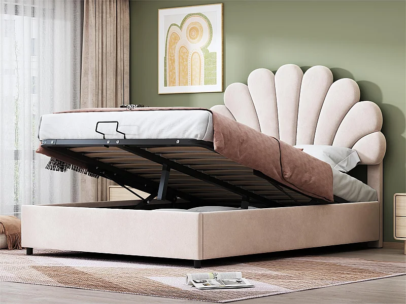 Mit Samt gepolstertes Stauraumbett – 140 x 200 cm – blumenförmiges Kopfteil – mit Lattenrost – Beige