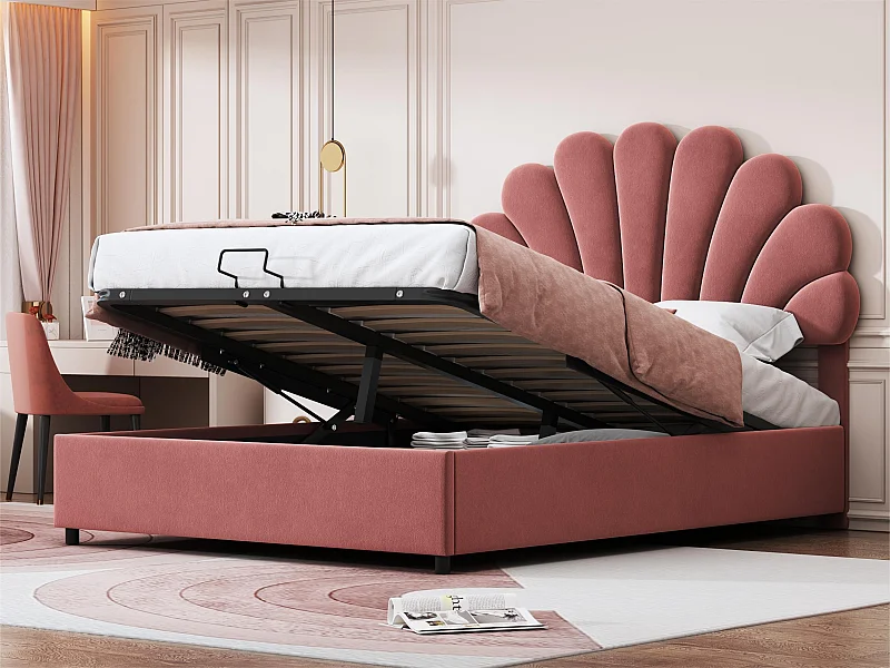 Bett mit Samtpolsterung - 140x200 cm - Kopfteil in Blumenform - mit Lattenrost - Rosa