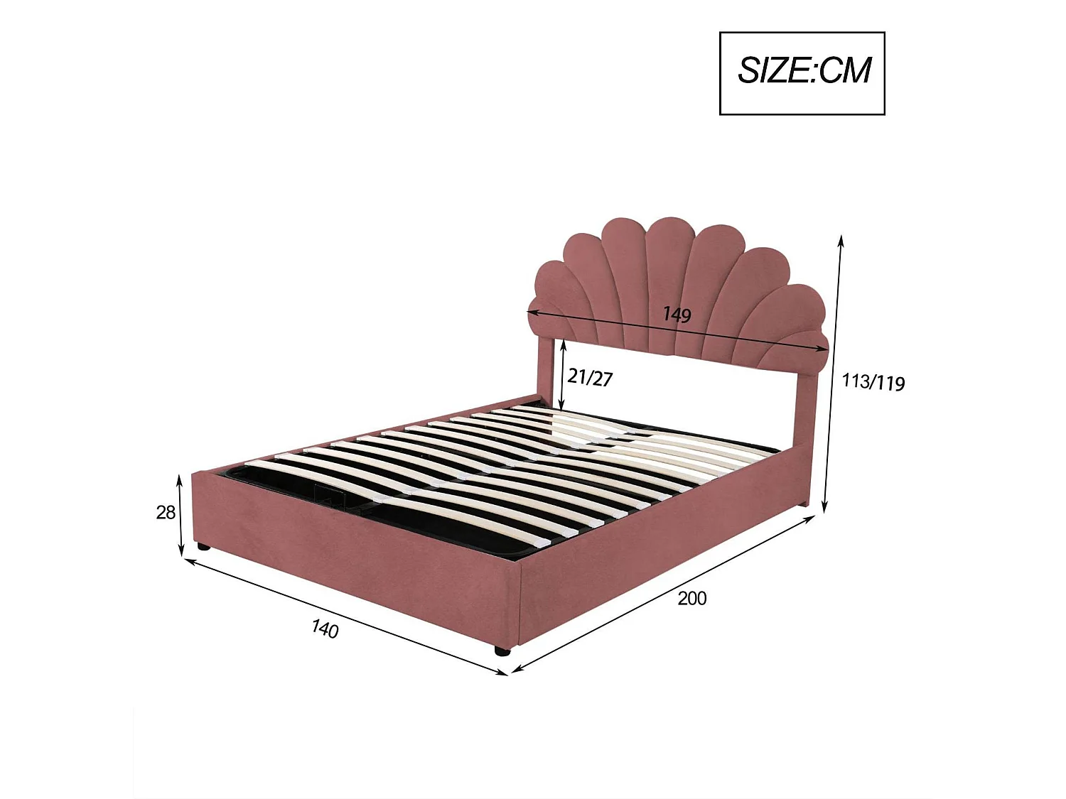 Fluweelzacht opbergbed - 140x200 cm - hoofdeinde in bloemvorm - met lattenbodem - Roze