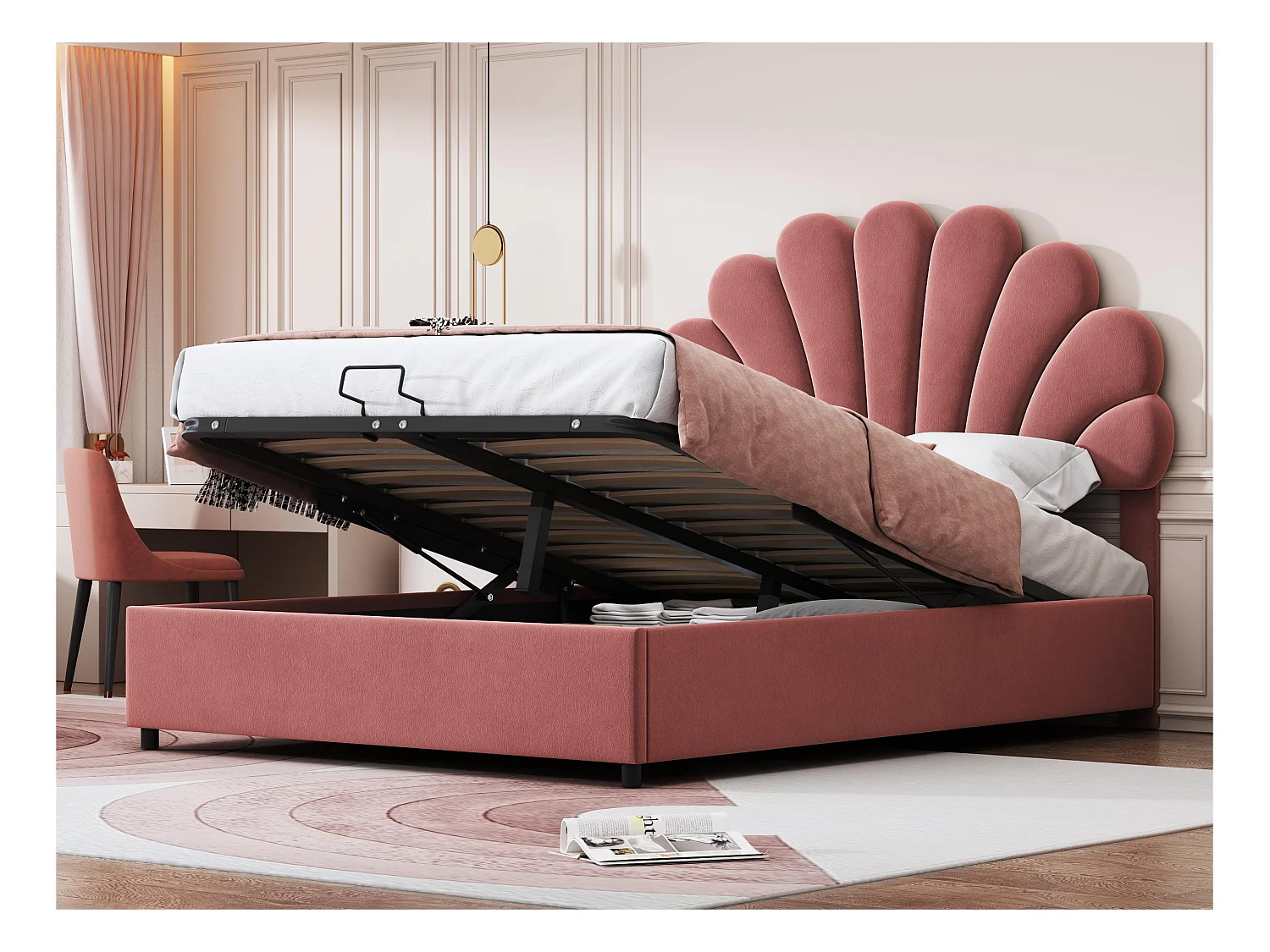 Lit coffre rembourré en velours - 140x200cm - tête de lit en forme de fleur - avec sommier à lattes - Rose