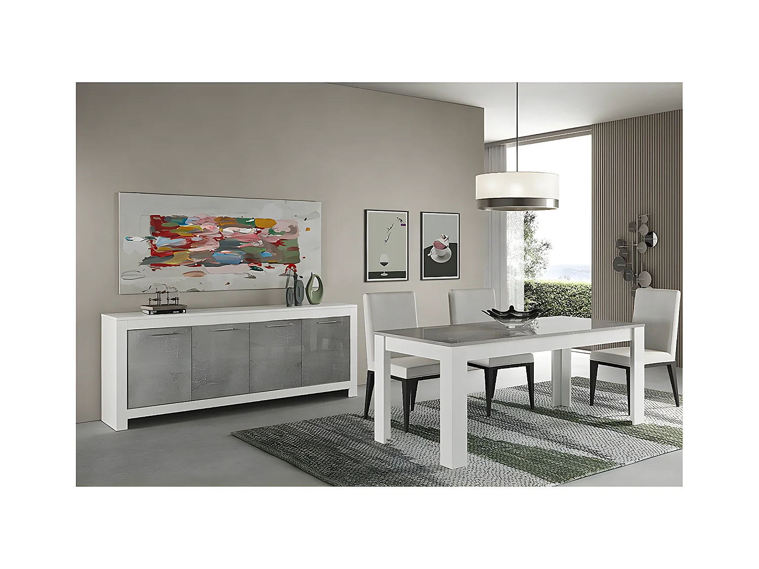 DENAE - Ensemble Séjour Blanc et Gris Marbré Table 190cm + Buffet 4 Portes