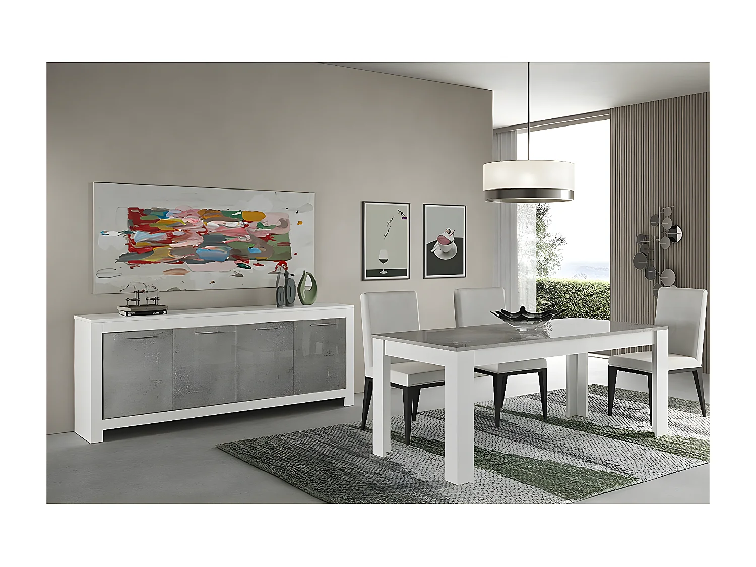 DENAE - Ensemble Séjour Blanc et Gris Marbré Table 190cm + Buffet 4 Portes