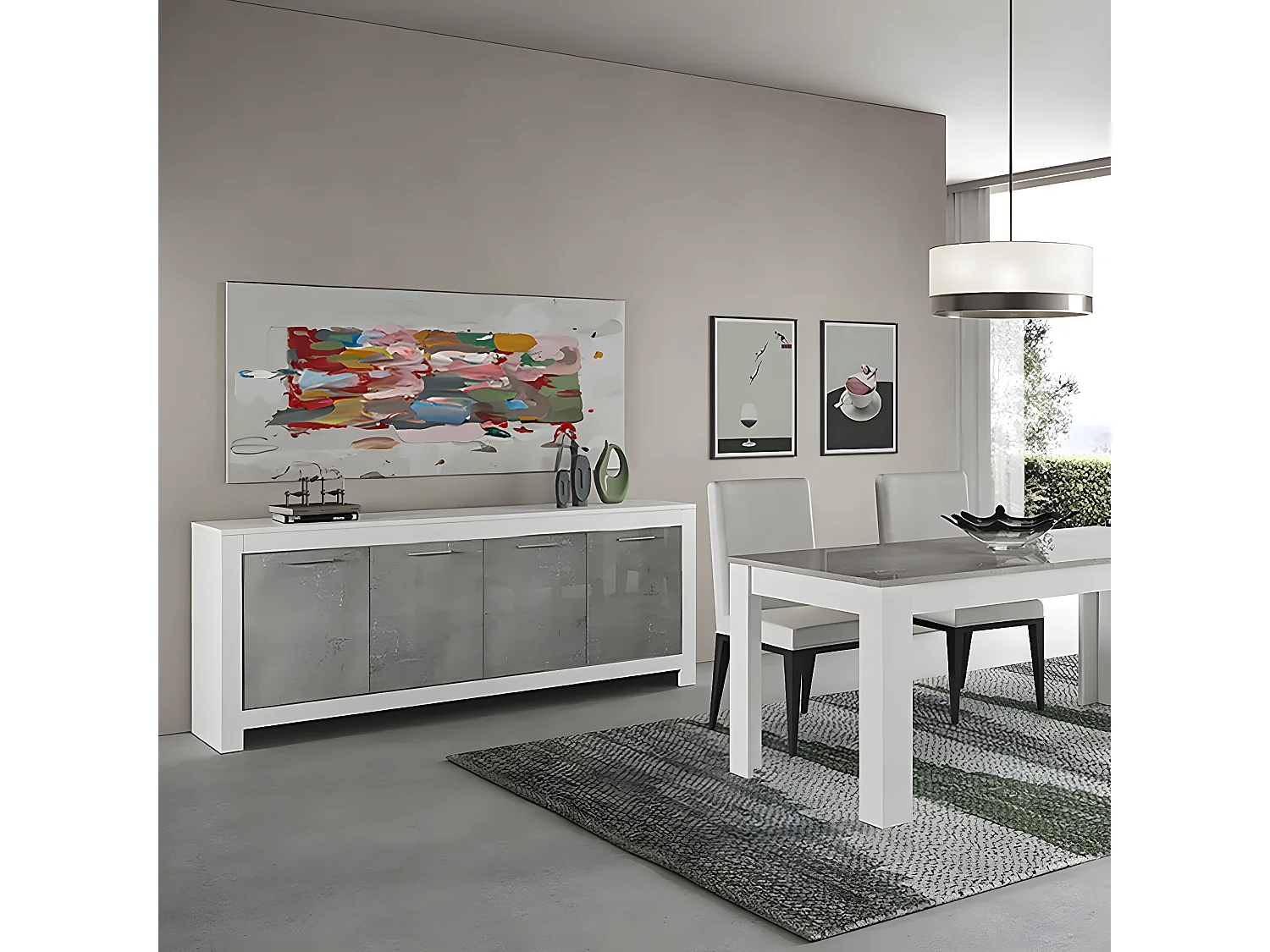 DENAE - Ensemble Séjour Blanc et Gris Marbré Table 190cm + Buffet 4 Portes