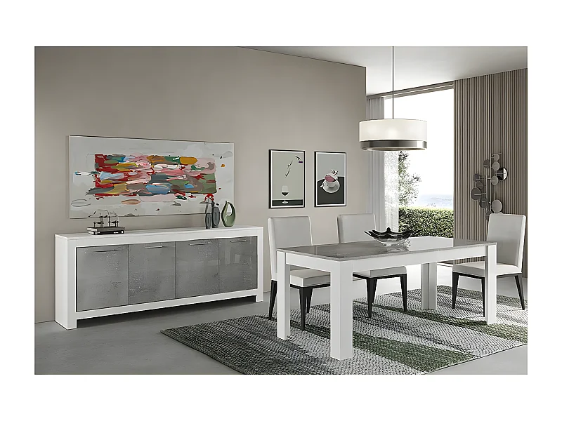 DENAE - Ensemble Séjour Blanc et Gris Marbré Table 190cm + Buffet 4 Portes