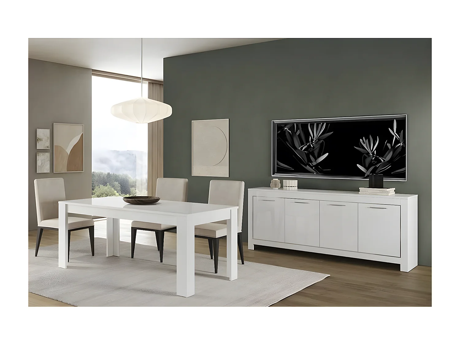DENAE - Ensemble Séjour Laqué Blanc Brillant Table 190cm + Buffet 4 Portes