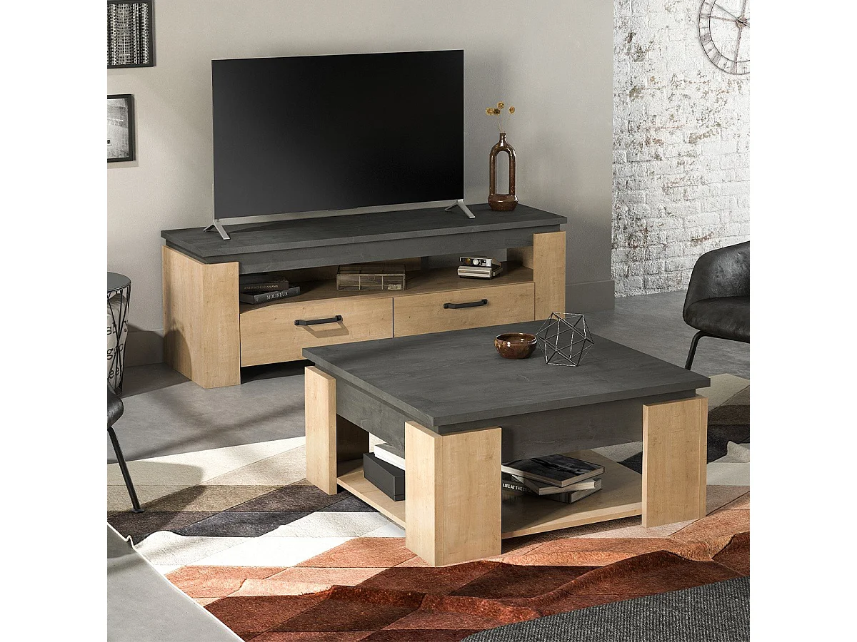 TV-meubel 2 laden eiken en antracietgrijs decor Austin - L140 cm