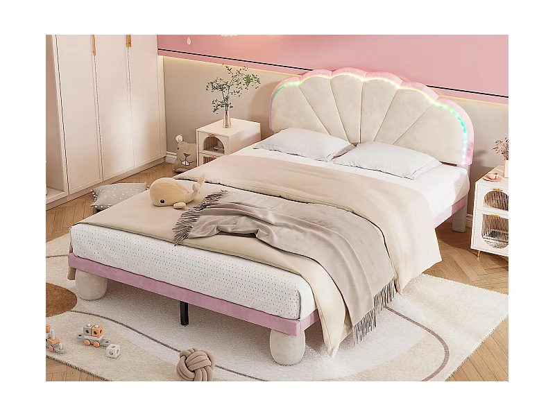 Lit enfant 140x200cm en velours avec LED - tête de lit en forme de coquille - avec sommier à lattes - Rose