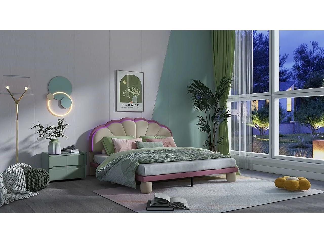 Lit enfant 140x200cm en velours avec LED - tête de lit en forme de coquille - avec sommier à lattes - Rose