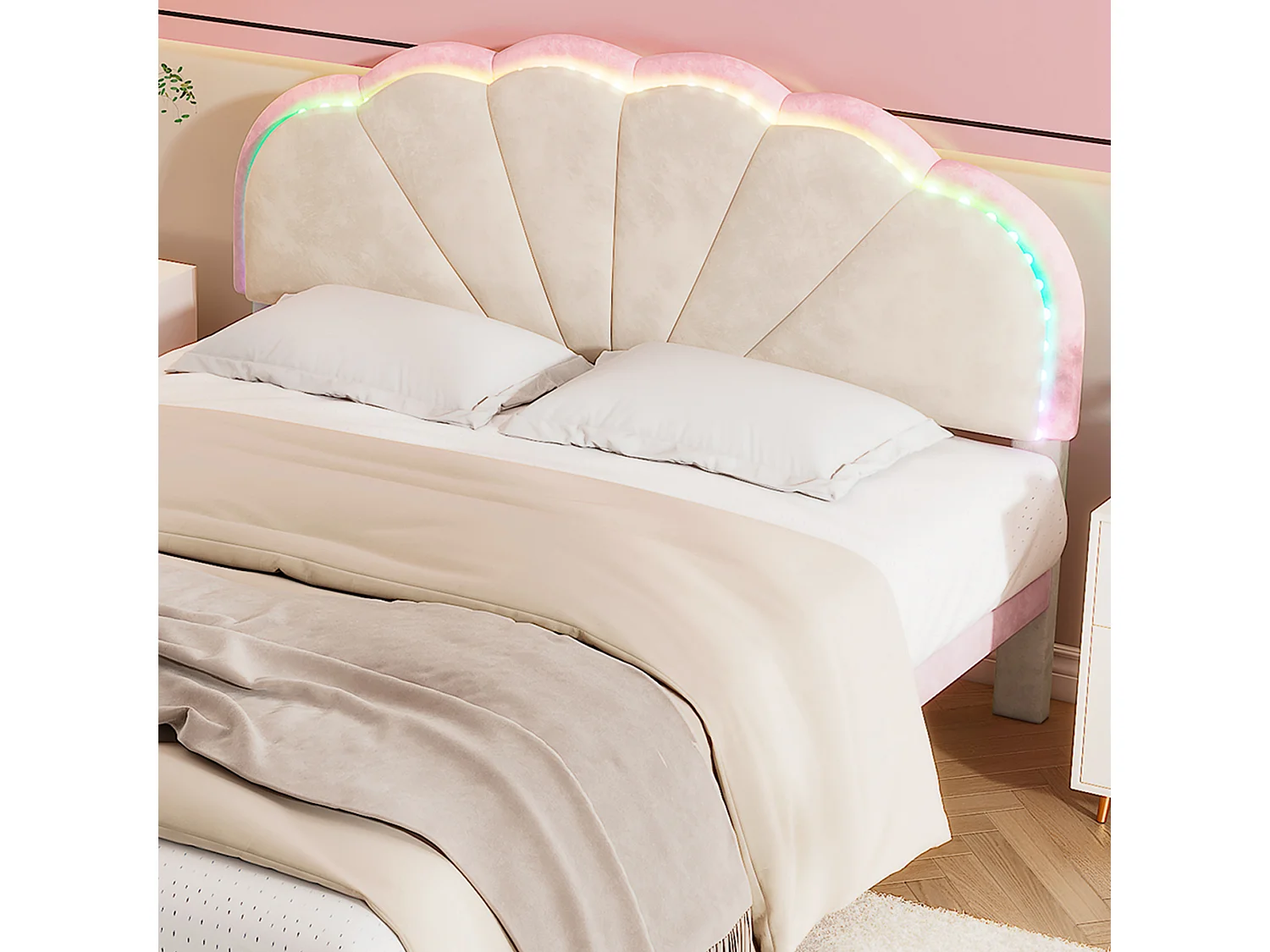 Lit enfant 140x200cm en velours avec LED - tête de lit en forme de coquille - avec sommier à lattes - Rose