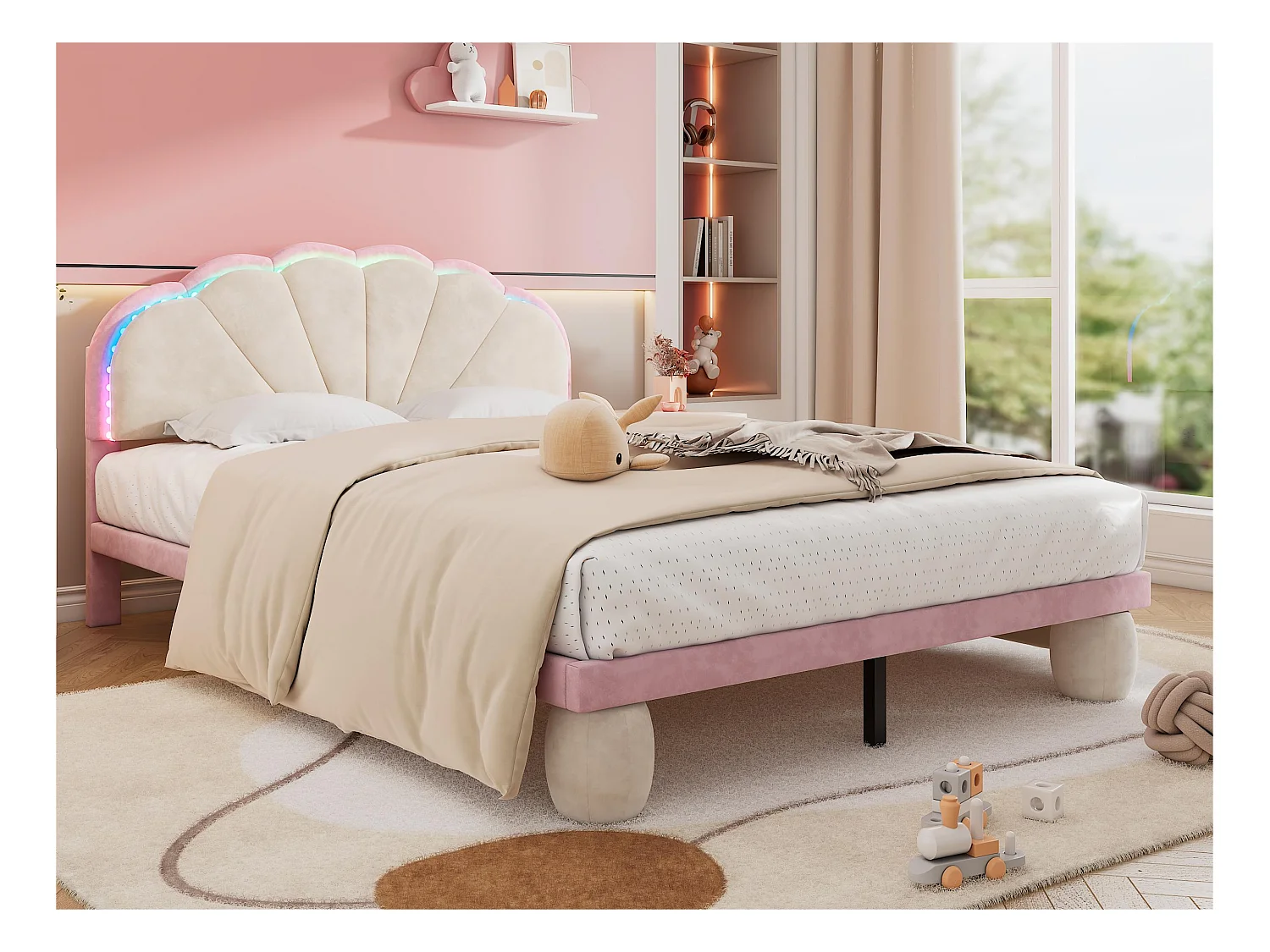 Lit enfant 140x200cm en velours avec LED - tête de lit en forme de coquille - avec sommier à lattes - Rose