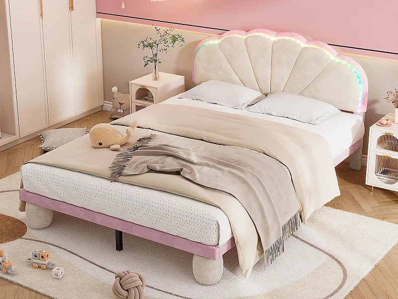 Lit enfant 140x200cm en velours avec LED - tête de lit en forme de coquille - avec sommier à lattes - Rose
