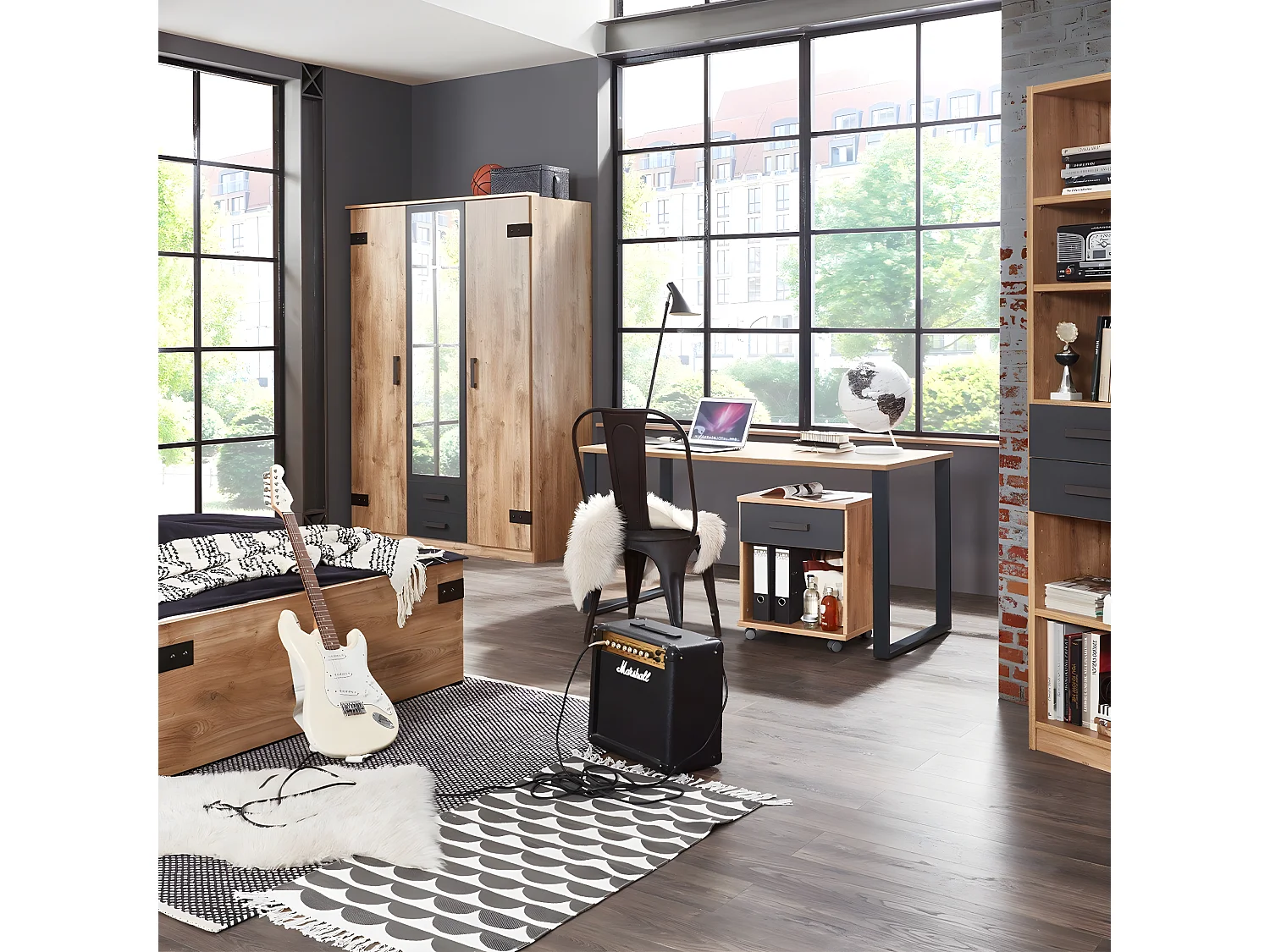 Armoire 2 portes décor chêne 1 porte miroir et 2 tiroirs - H198 cm