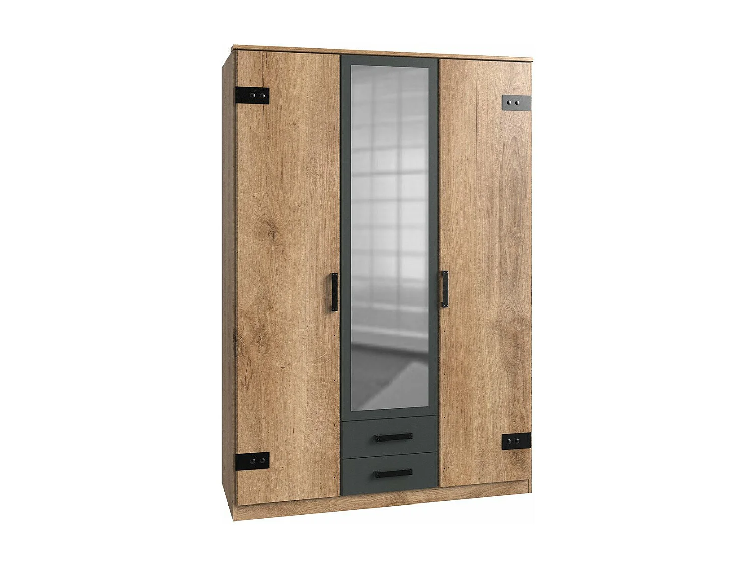 Armoire 2 portes décor chêne 1 porte miroir et 2 tiroirs - H198 cm