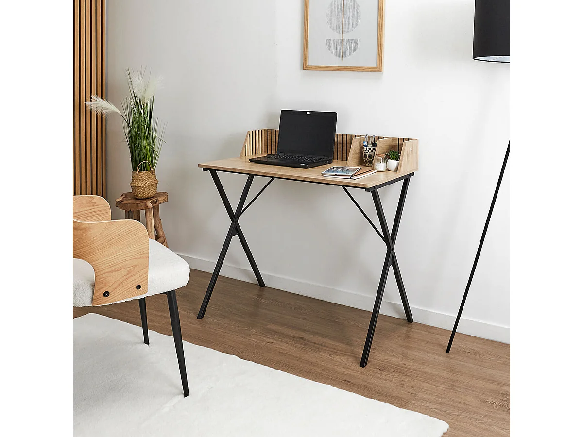 PAJAN - Bureau avec petits rangements Effet Bois avec Tasseaux
