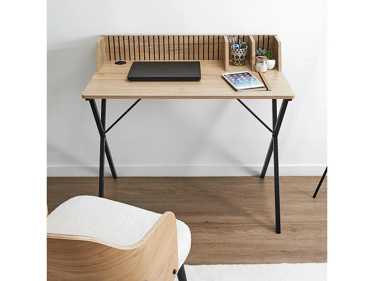 PAJAN - Bureau avec petits rangements Effet Bois avec Tasseaux