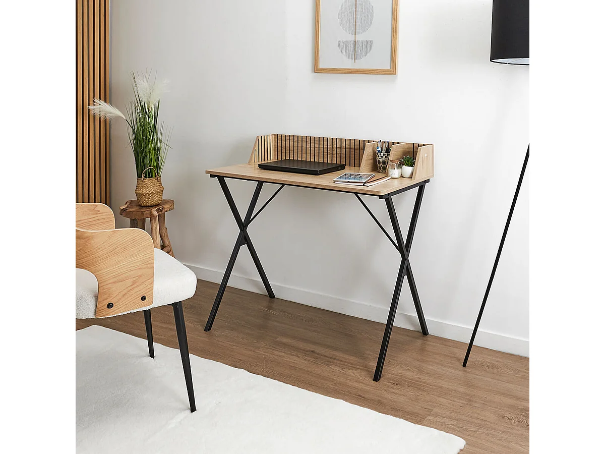 PAJAN - Bureau avec petits rangements Effet Bois avec Tasseaux