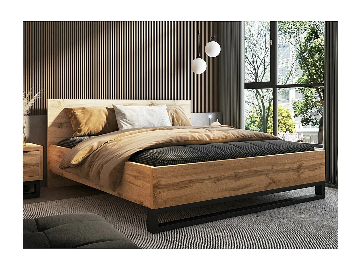 Volwassen bed 180x200 in industriële stijl - Collectie MILOS. Kleur ruw eiken en zwart. Lattenbodem inbegrepen