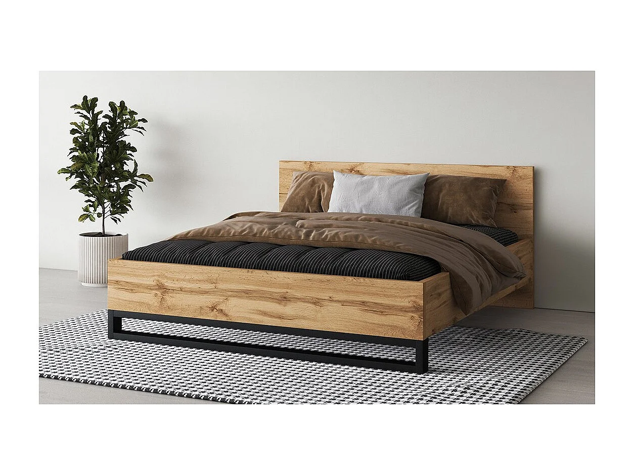 Volwassen bed 180x200 in industriële stijl - Collectie MILOS. Kleur ruw eiken en zwart. Lattenbodem inbegrepen