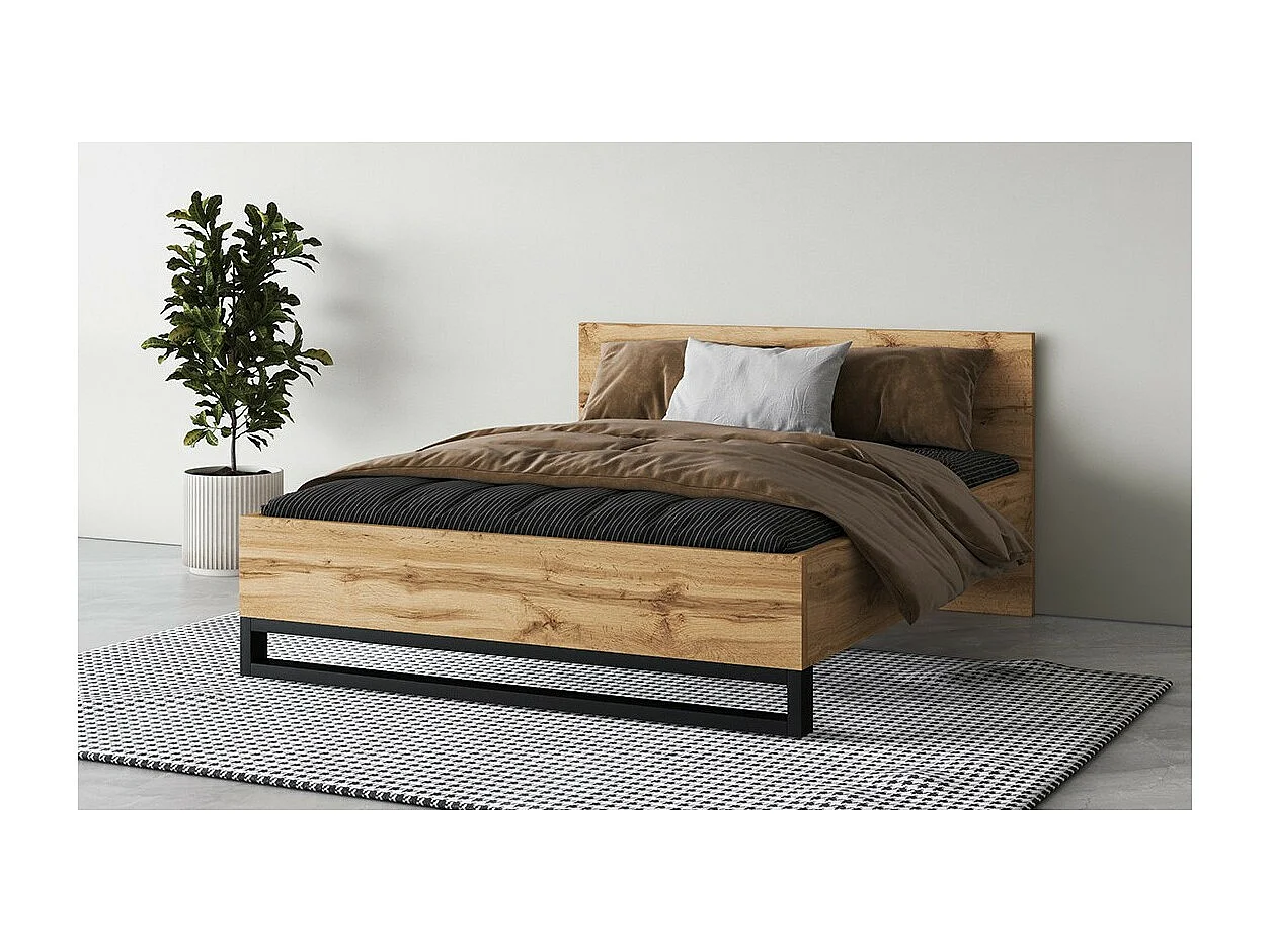 Lit adulte 160x200 style industriel - Collection MILOS. Coloris chêne brut et noir. Sommier inclus