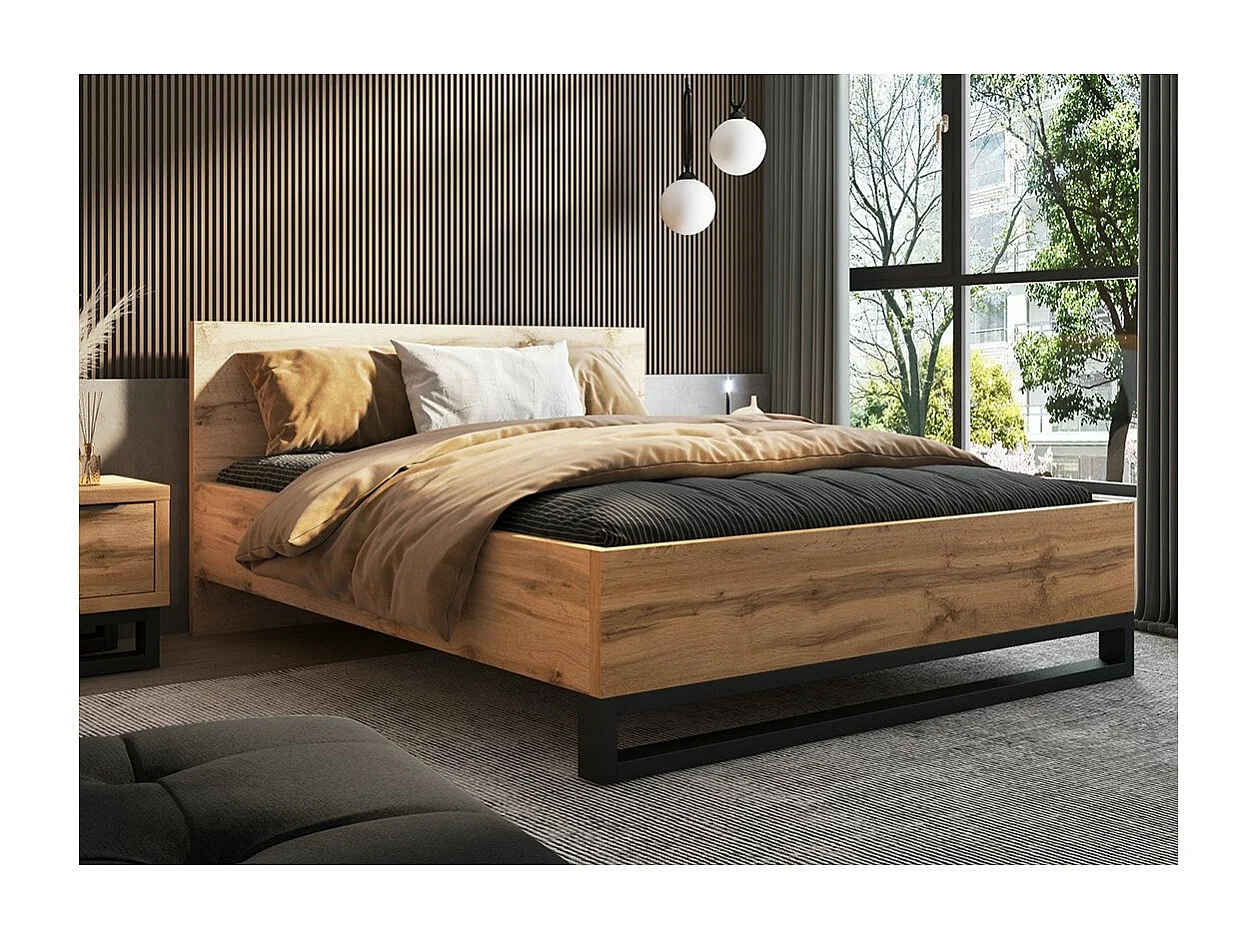 Lit adulte 160x200 style industriel - Collection MILOS. Coloris chêne brut et noir. Sommier inclus