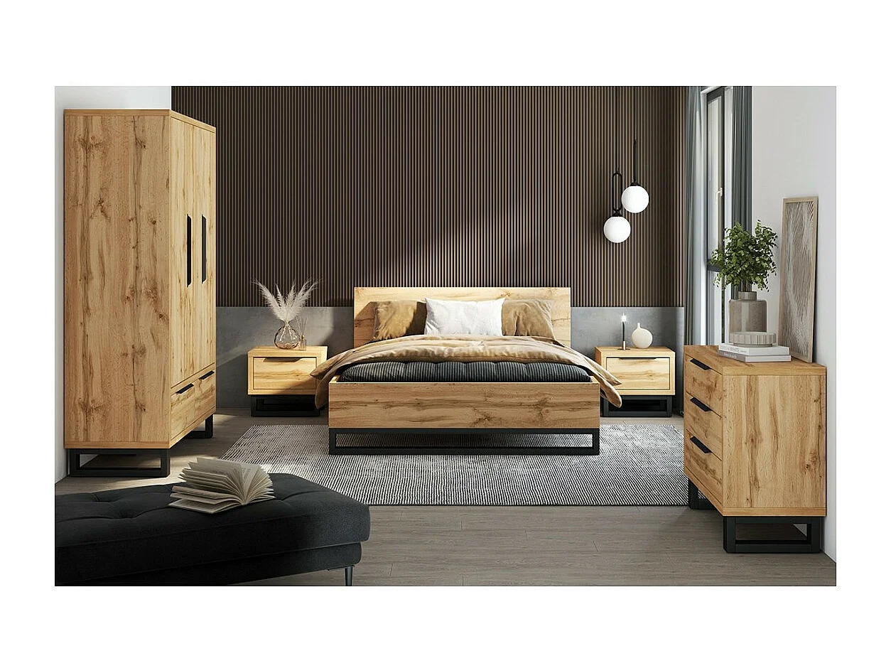 Letto adulto 140x200 stile industriale - Collezione MILOS. Colori rovere grezzo e nero. Rete inclusa
