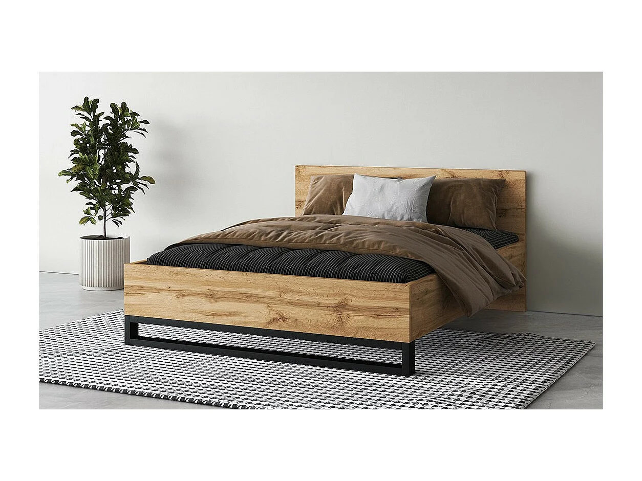 Letto adulto 140x200 stile industriale - Collezione MILOS. Colori rovere grezzo e nero. Rete inclusa