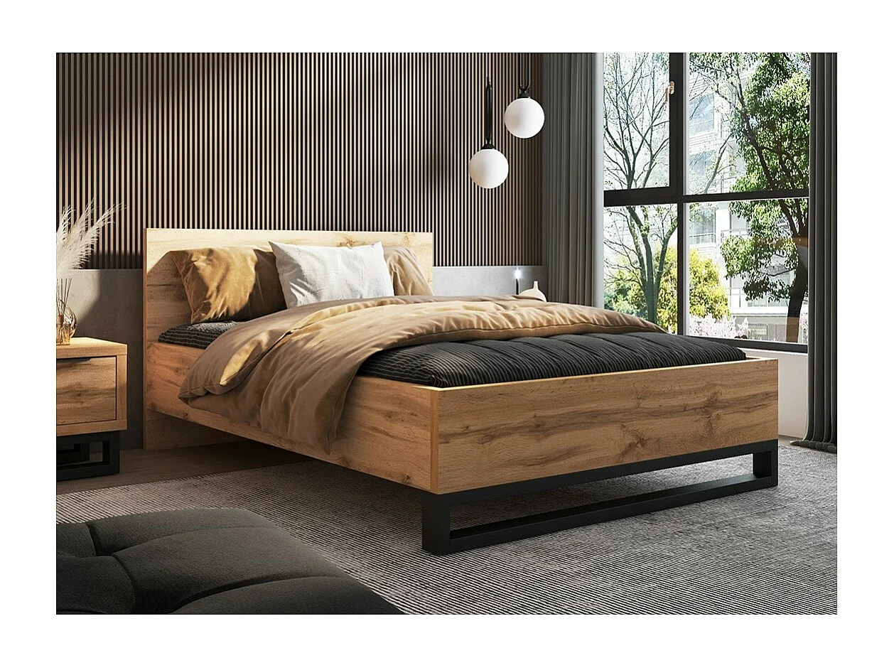 Lit adulte 140x200 style industriel - Collection MILOS. Coloris chêne brut et noir. Sommier inclus