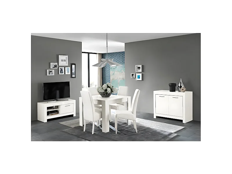 DENAE - Ensemble Salon Séjour Laqué Blanc Brillant Meuble TV + Buffet 2 Portes + Table 100cm
