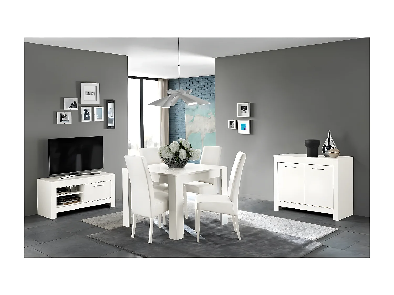 DENAE - Ensemble Salon Séjour Laqué Blanc Brillant Meuble TV + Buffet 2 Portes + Table 100cm