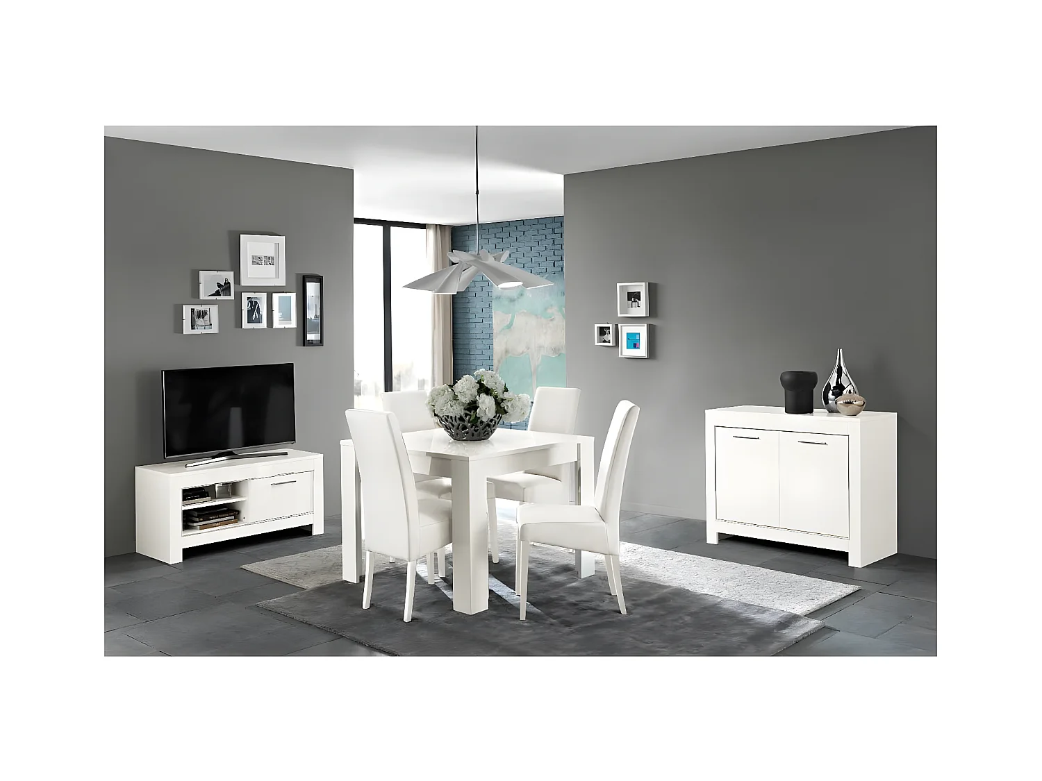 DENAE - Ensemble Salon Séjour Laqué Blanc Brillant Meuble TV + Buffet 2 Portes + Table 100cm