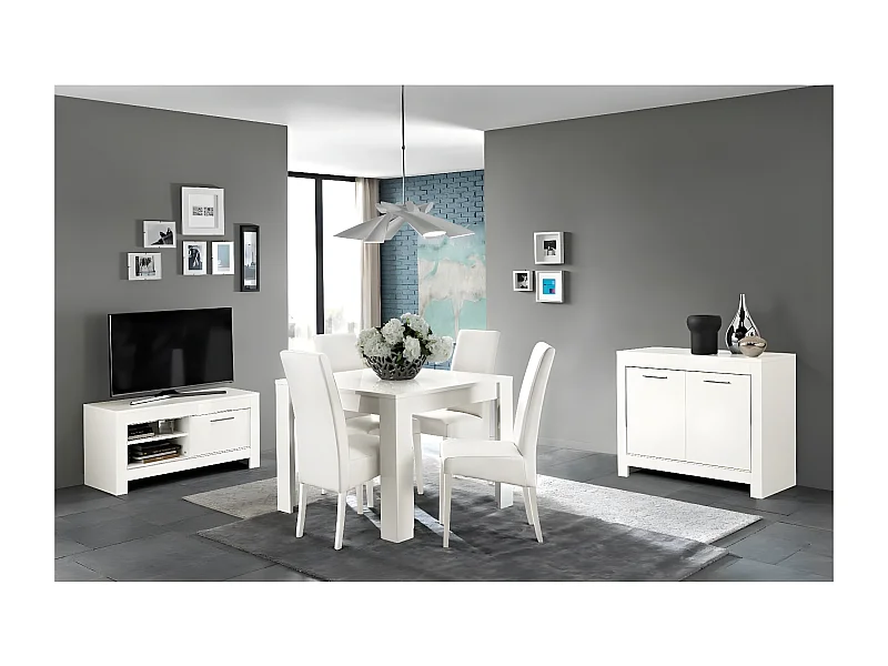DENAE - Ensemble Salon Séjour Laqué Blanc Brillant Meuble TV + Buffet 2 Portes + Table 100cm