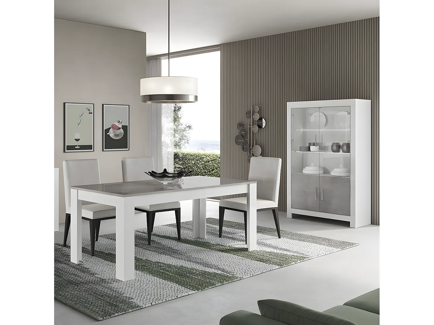 DENAE - Ensemble Séjour Blanc et Gris Marbré Table 160cm + Vitrine 4 Portes avec Leds