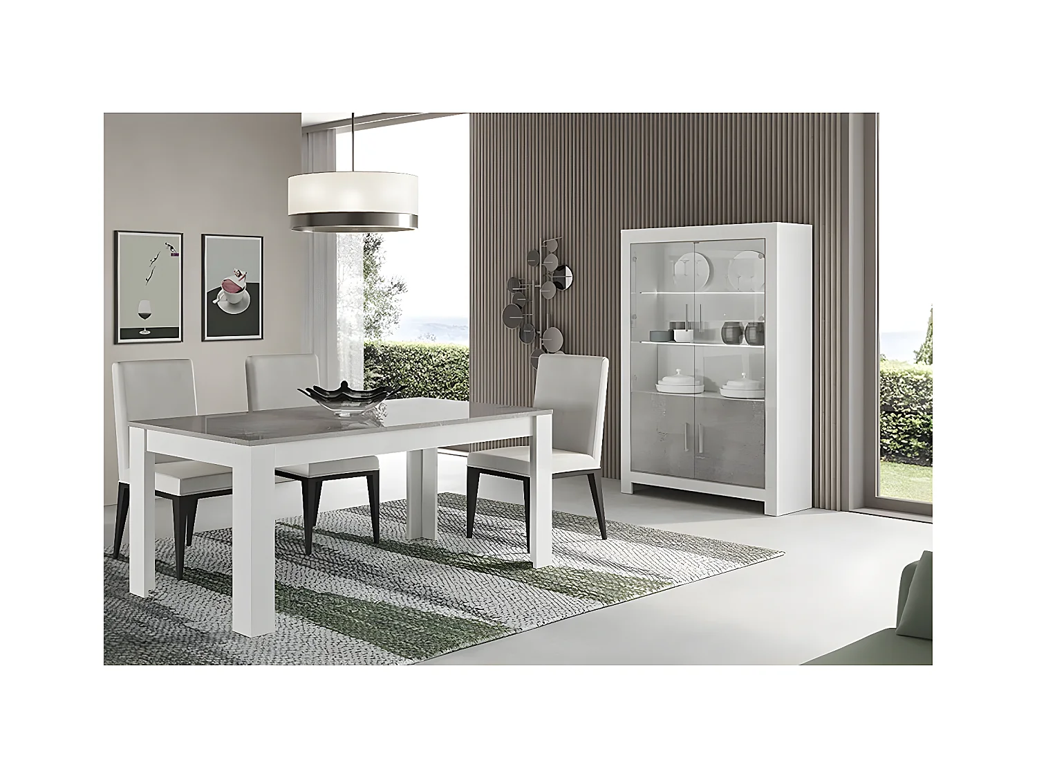DENAE - Ensemble Séjour Blanc et Gris Marbré Table 160cm + Vitrine 4 Portes avec Leds