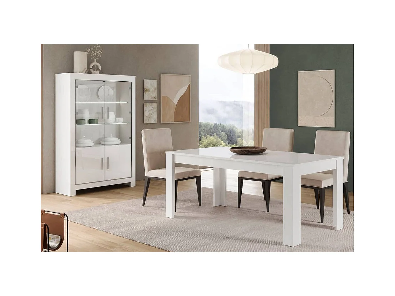 DENAE - Ensemble Séjour Laqué Blanc Brillant Table 160cm + Vitrine 4 Portes avec Leds