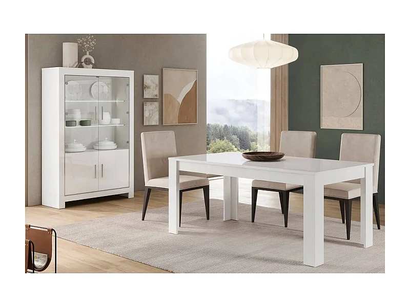 DENAE - Ensemble Séjour Laqué Blanc Brillant Table 160cm + Vitrine 4 Portes avec Leds