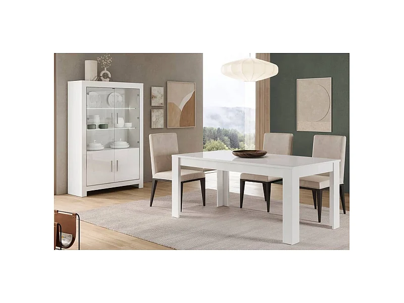 DENAE - Ensemble Séjour Laqué Blanc Brillant Table 190cm + Vitrine 4 Portes avec Leds