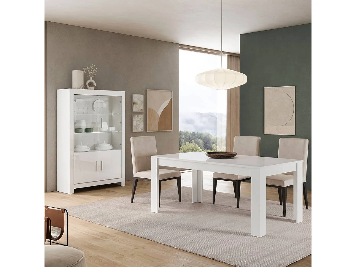 DENAE - Ensemble Séjour Laqué Blanc Brillant Table 190cm + Vitrine 4 Portes avec Leds