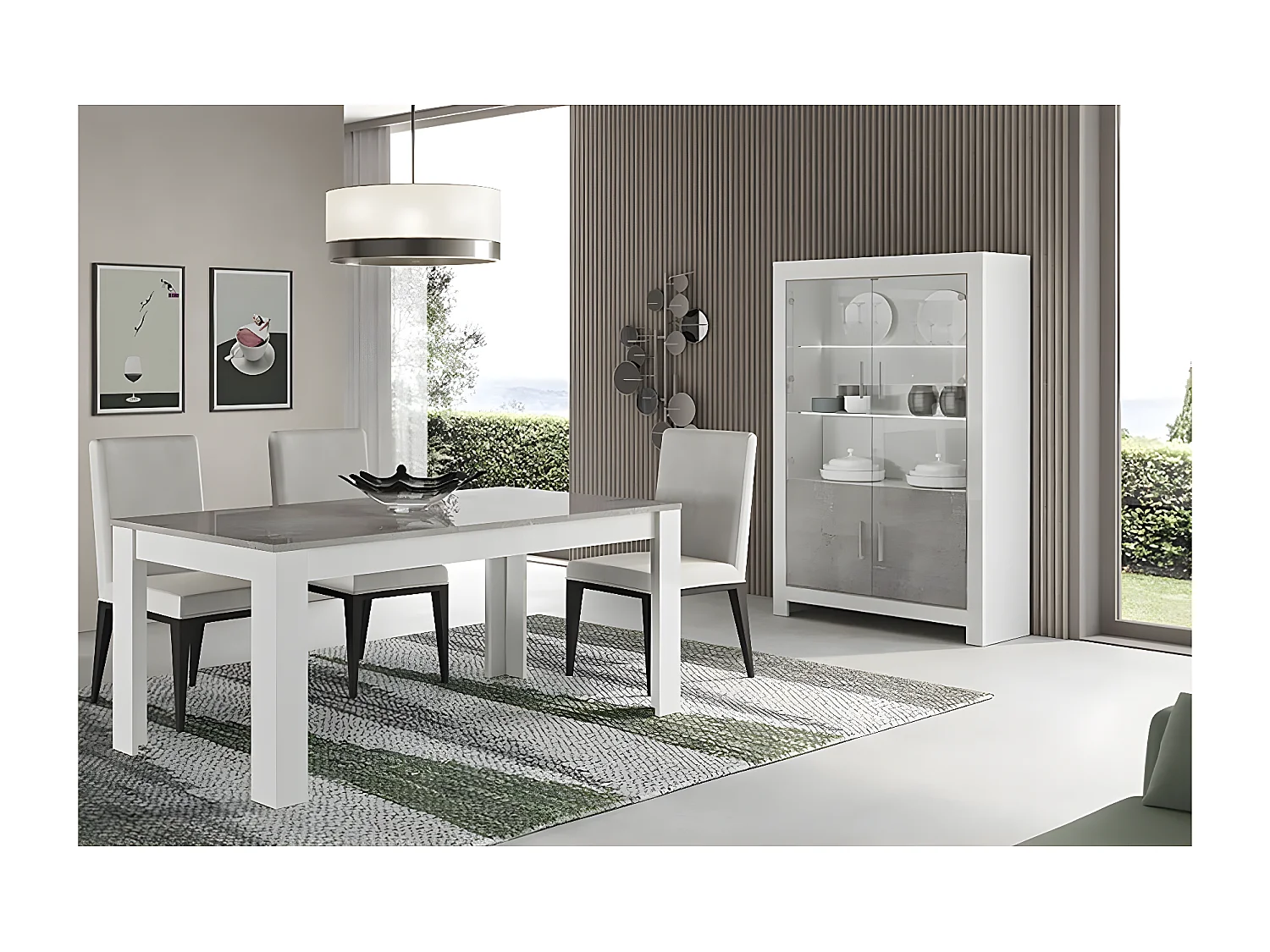DENAE - Ensemble Séjour Blanc et Gris Marbré Table 190cm + Vitrine 4 Portes avec Leds