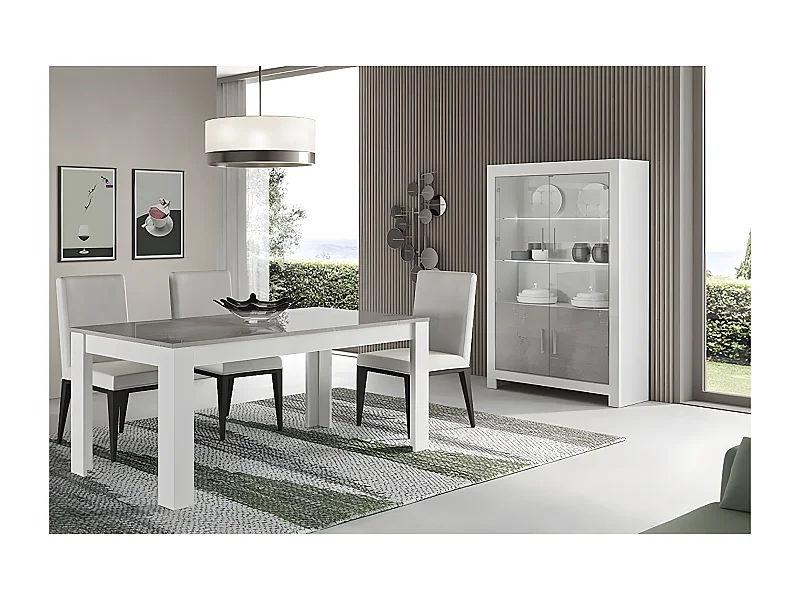 DENAE - Ensemble Séjour Blanc et Gris Marbré Table 190cm + Vitrine 4 Portes avec Leds