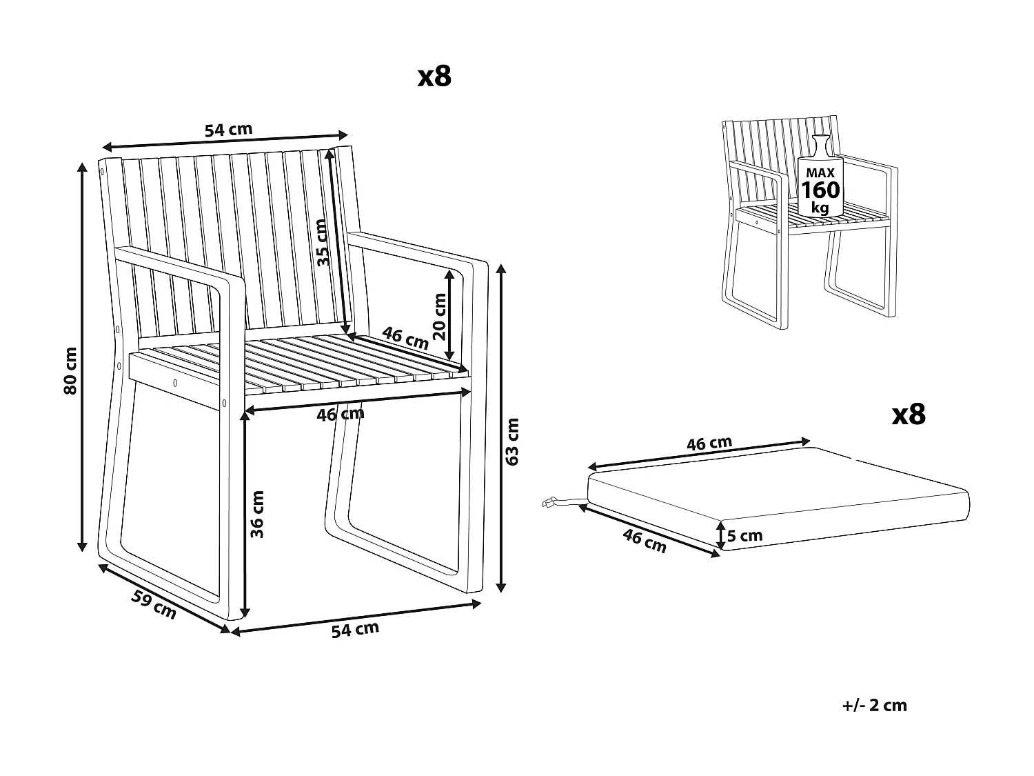 Lot de 8 chaises de jardin avec coussins SASSARI Acacia Blanc cassé