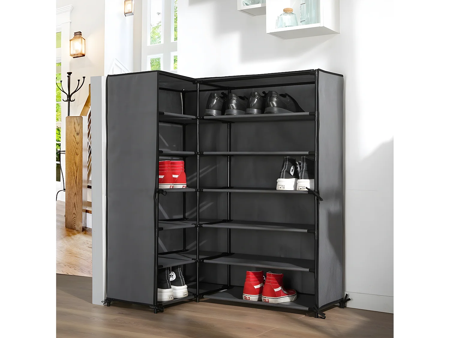 Armoire à chaussures d'angle en intissé et métal - H107 cm