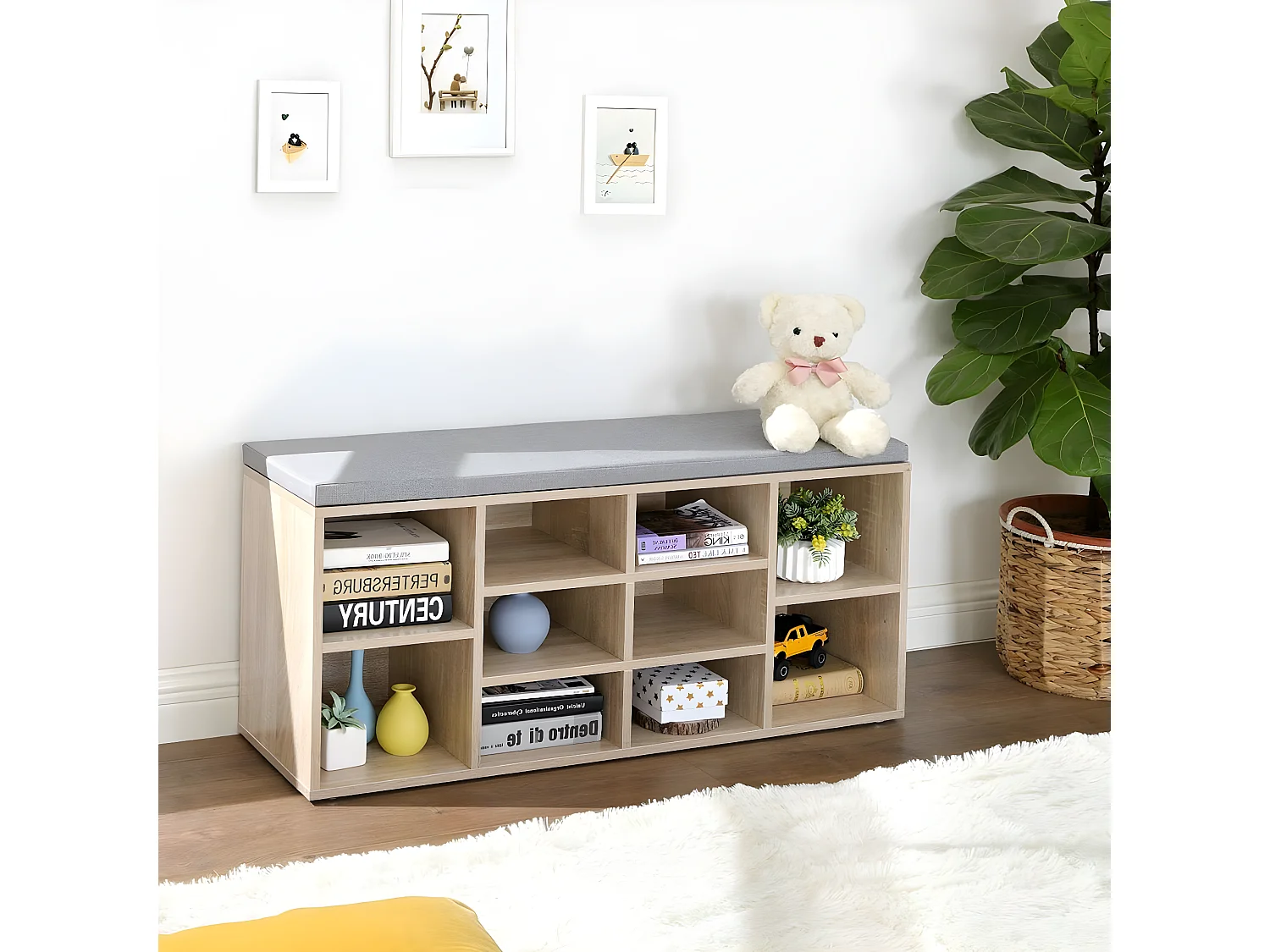 Banc à Chaussures 10 Niches Décor Bois - L104 cm