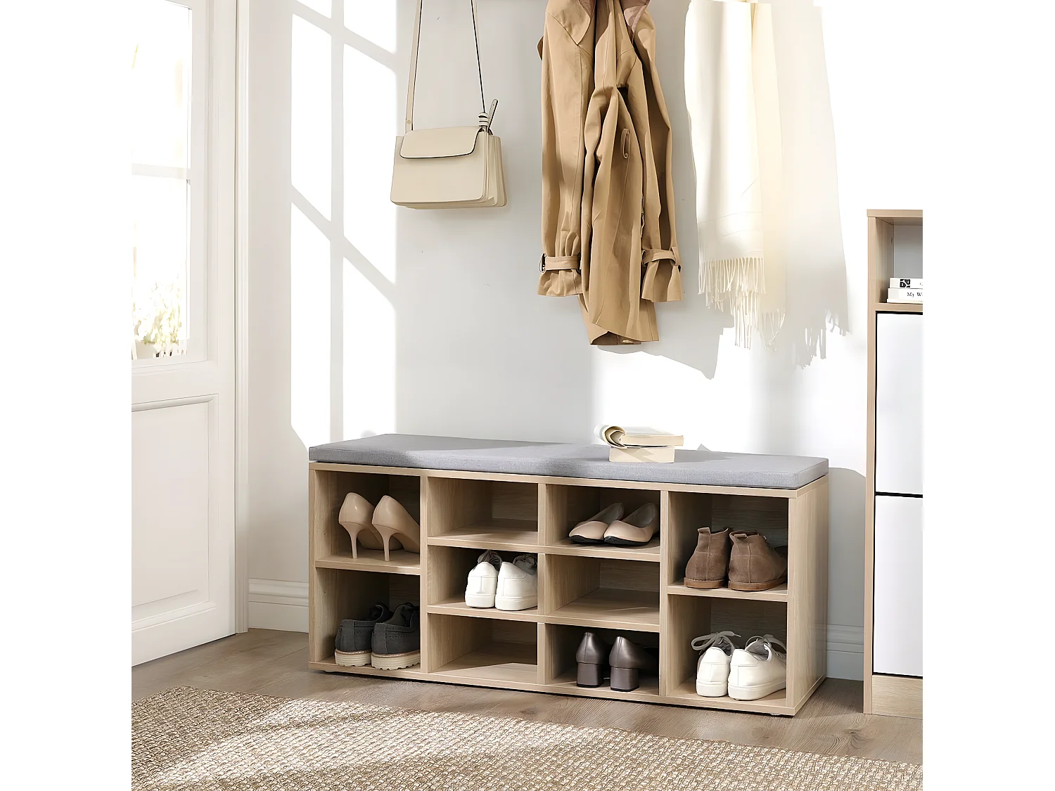 Banc à Chaussures 10 Niches Décor Bois - L104 cm