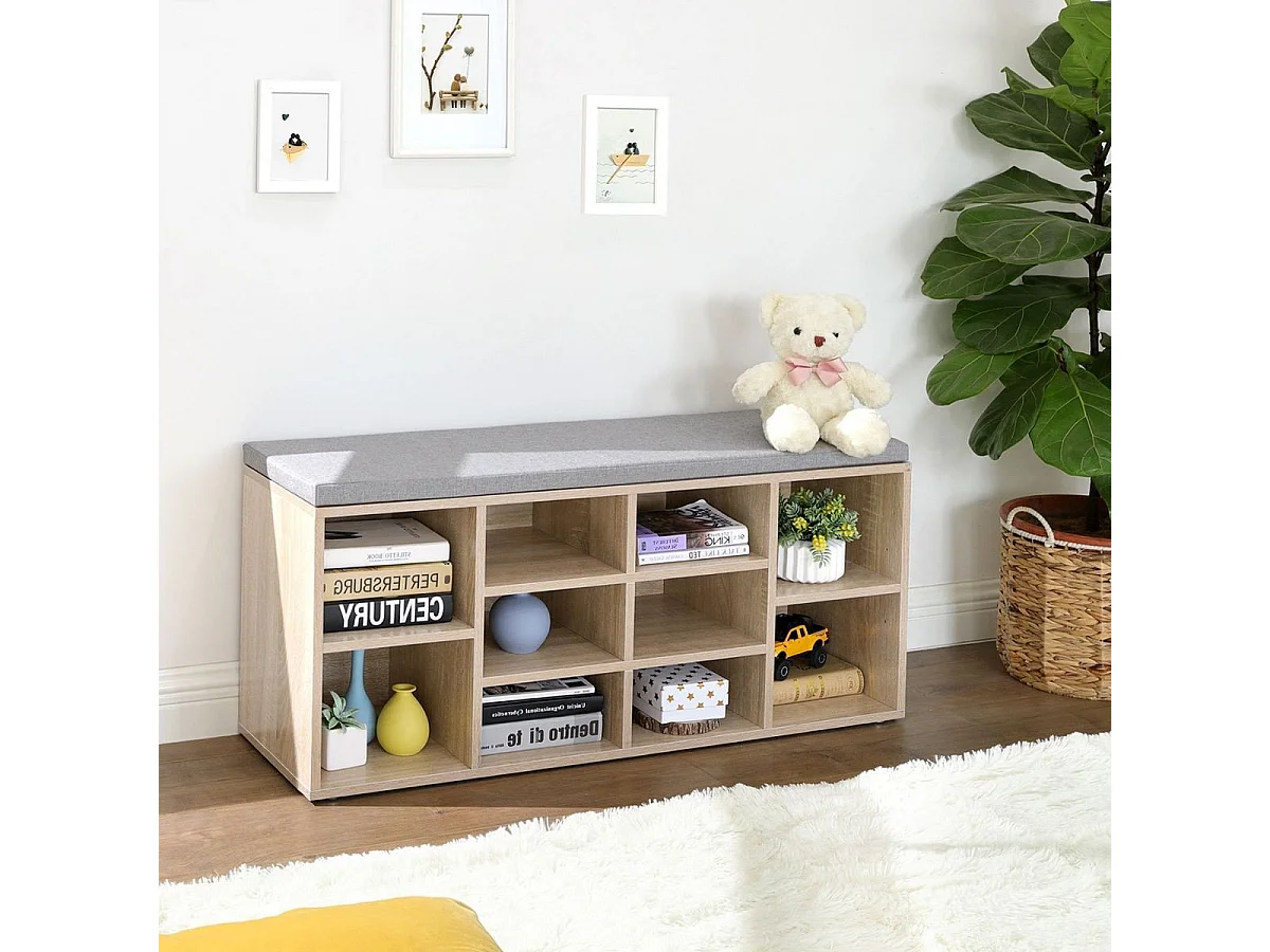 Banc à Chaussures 10 Niches Décor Bois - L104 cm