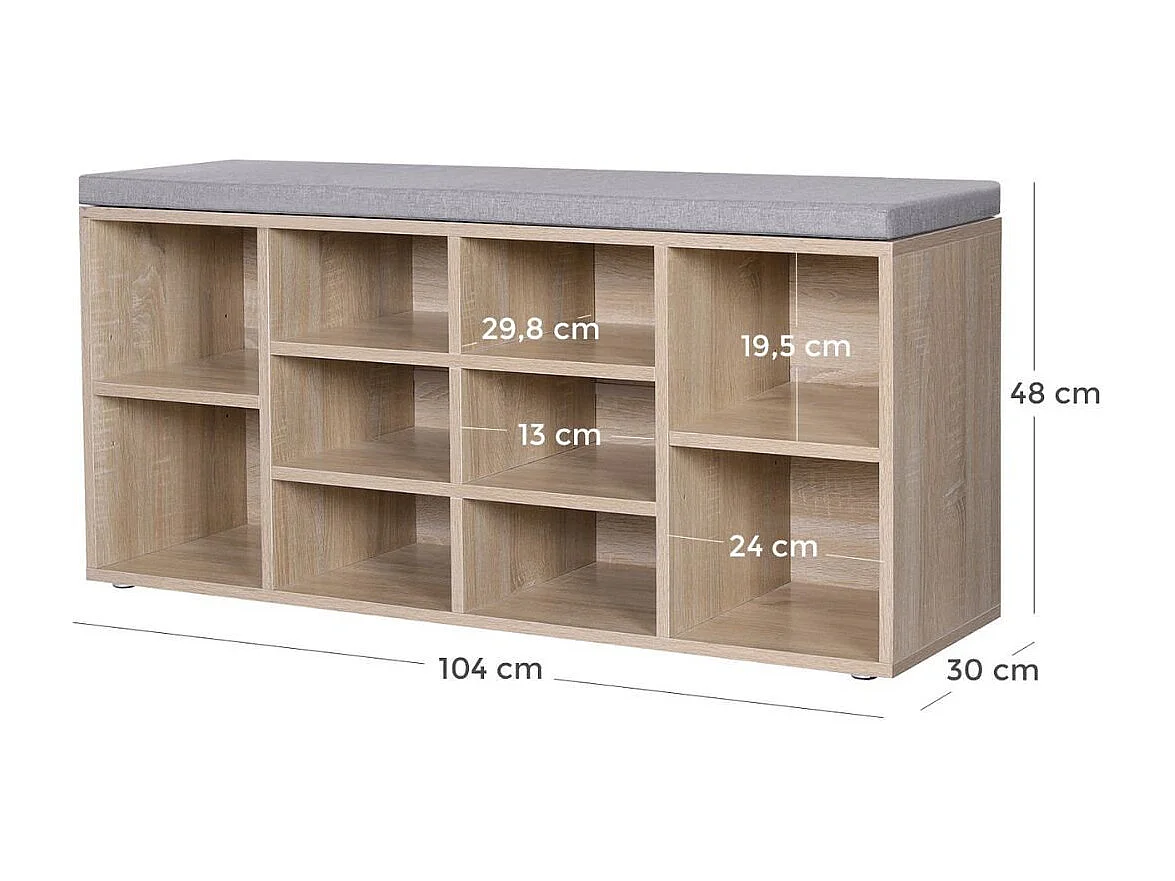 Banc à Chaussures 10 Niches Décor Bois - L104 cm
