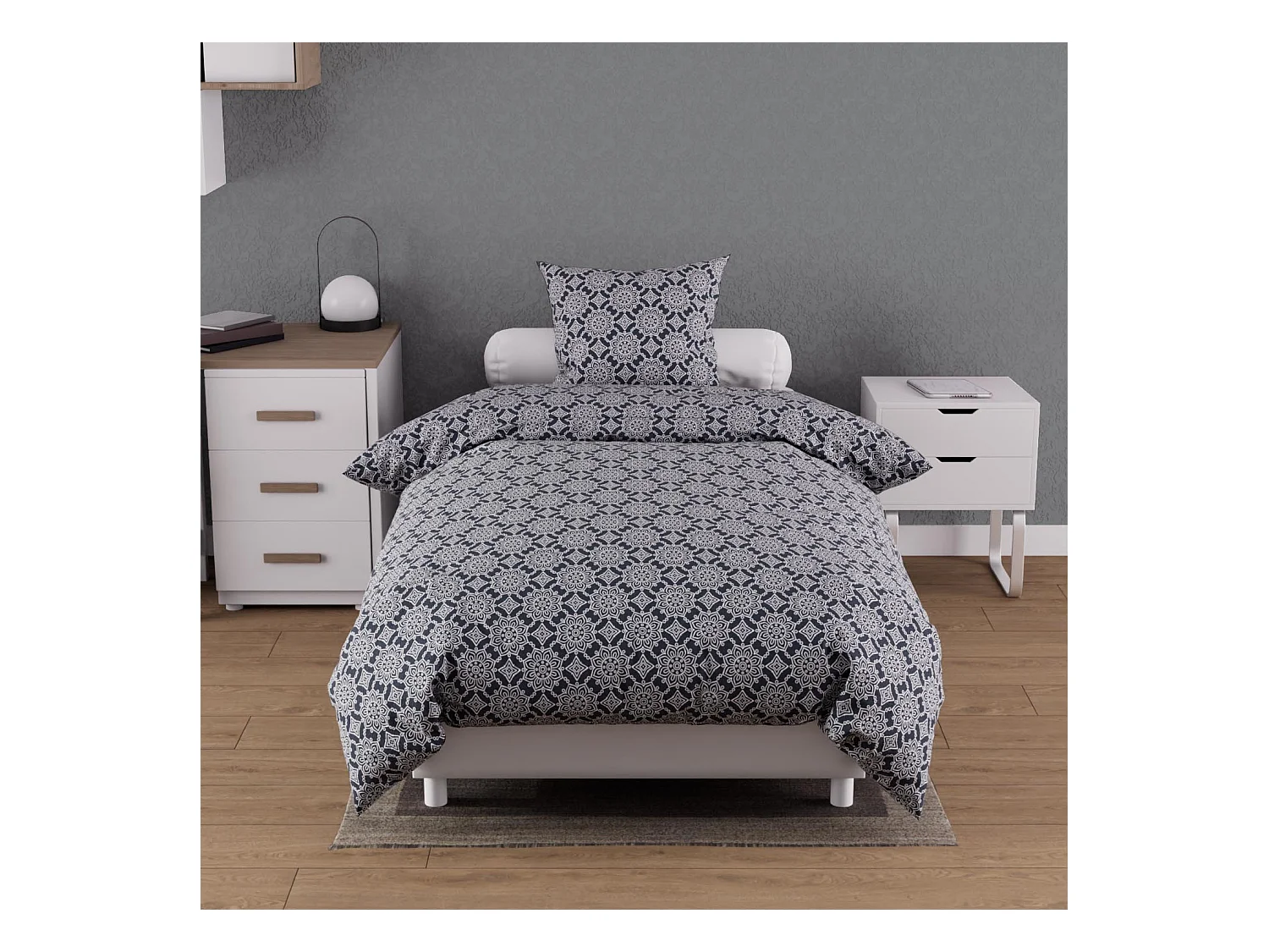 Parure housse de couette coton 57 fils 140x200 cm ESMERALDA marine, par Soleil d'ocre