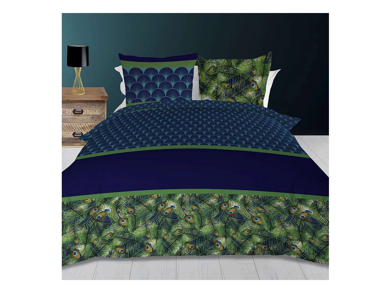 Parure housse de couette 260x240 cm en coton 57 Fils PAON bleu, par Soleil d'ocre